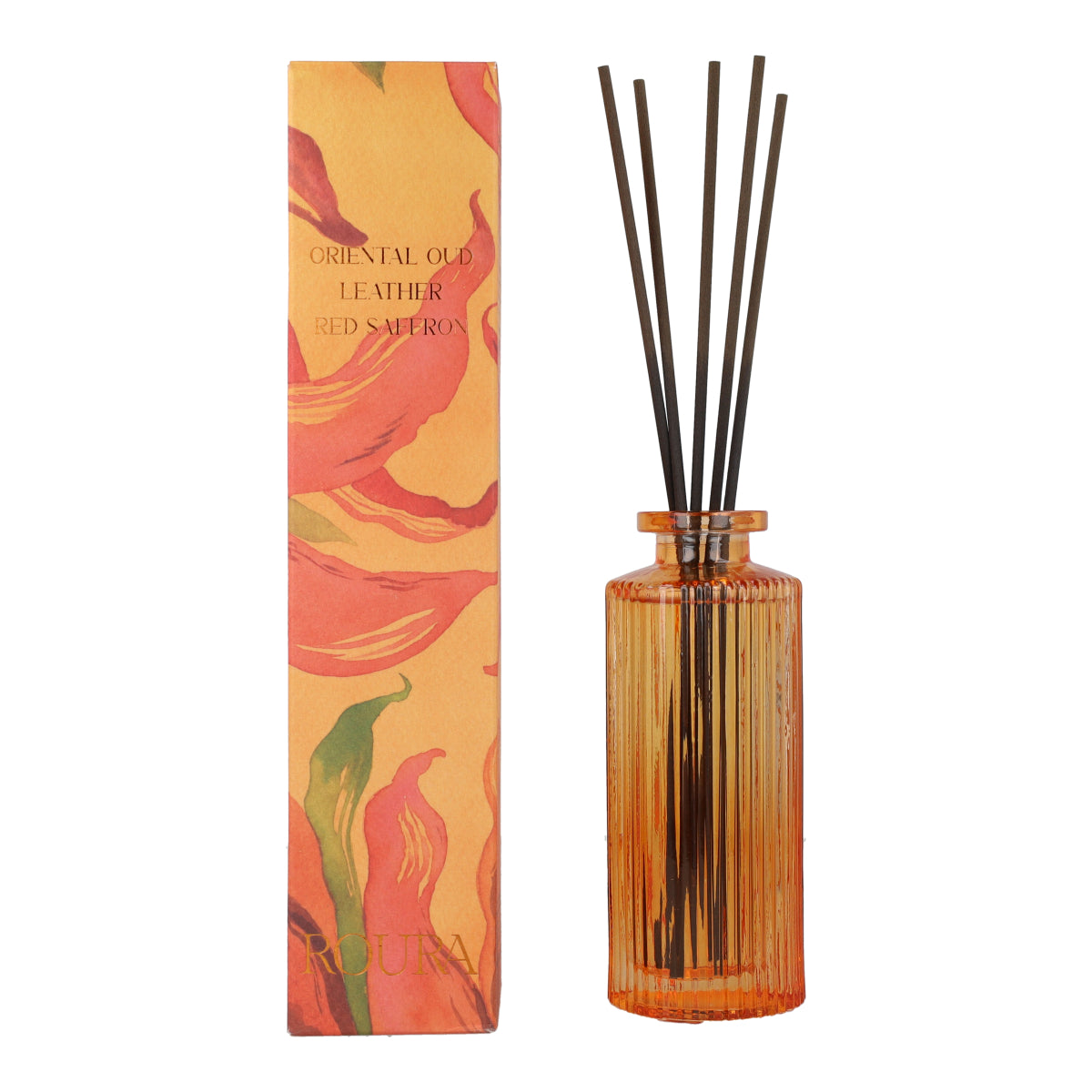 Ambientador mikado Oriental Oud en frasco rayado naranja Roura 100 ml