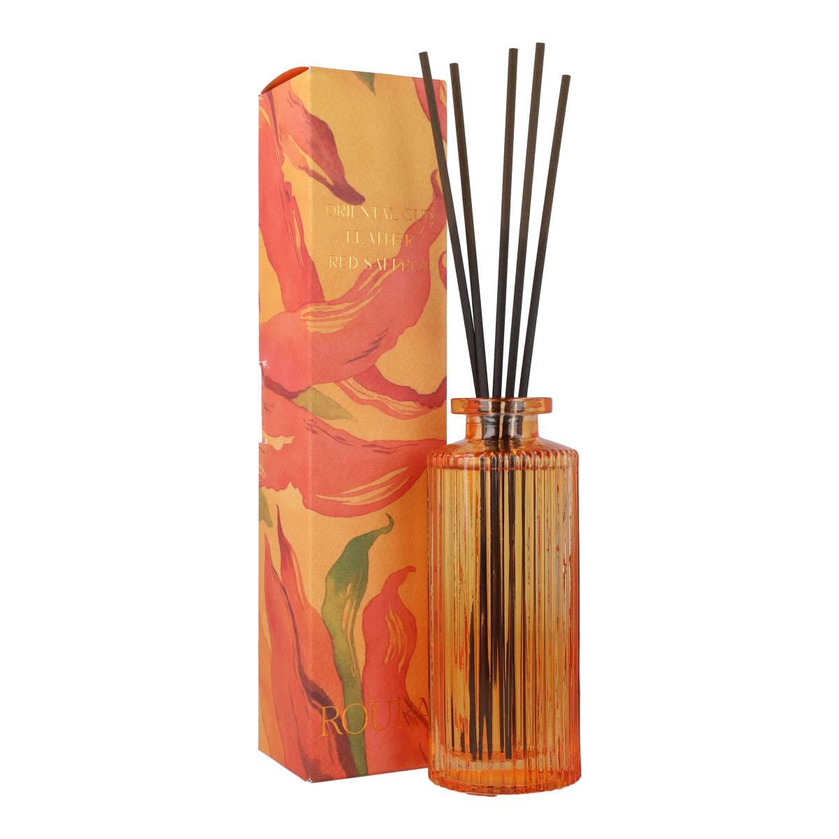 Ambientador mikado Oriental Oud en frasco rayado naranja Roura 100 ml