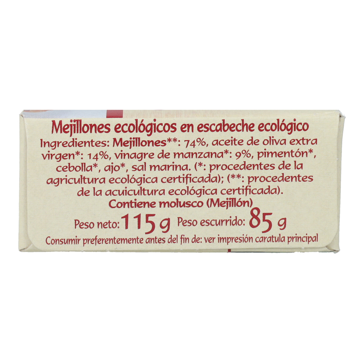 Mejillones ecológicos en escabeche ecológico (20/25 ud) en Lata Pan do Mar 115g