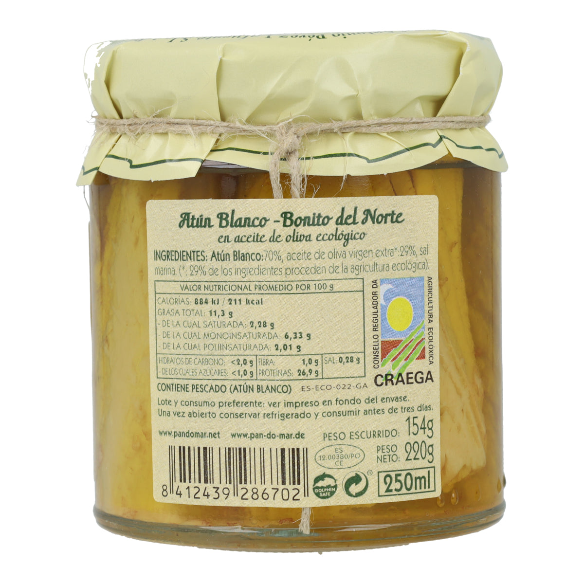 Lomos de Bonito del Norte en aceite de oliva ecológico en Vidrio Pan do Mar 220g
