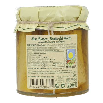 Lomos de Bonito del Norte en aceite de oliva ecológico en Vidrio Pan do Mar 220g