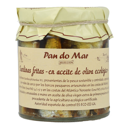 Sardinas fritas en aceite de oliva ecológico en Vidrio Pan do Mar 220g