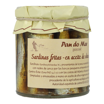 Sardinas fritas en aceite de oliva ecológico en Vidrio Pan do Mar 220g