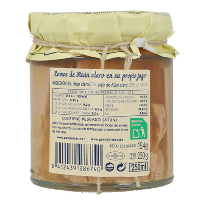 Lomos de Atún Claro en su propio jugo en Vidrio Pan do Mar 220g