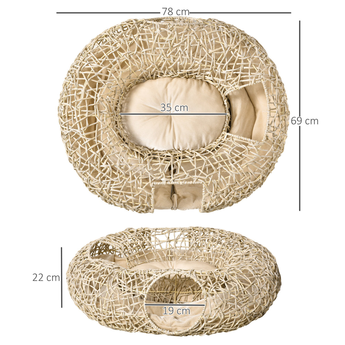 Pawhut Cama Para Gatos De Ratán 78x69x22cm Cesta Para Gatos Rolliza Cojín Suave_2