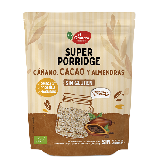 Super Porridge Copos de Avena Sin Gluten con Cacao, Almendras y Cáñamo BIO El Granero 350 g