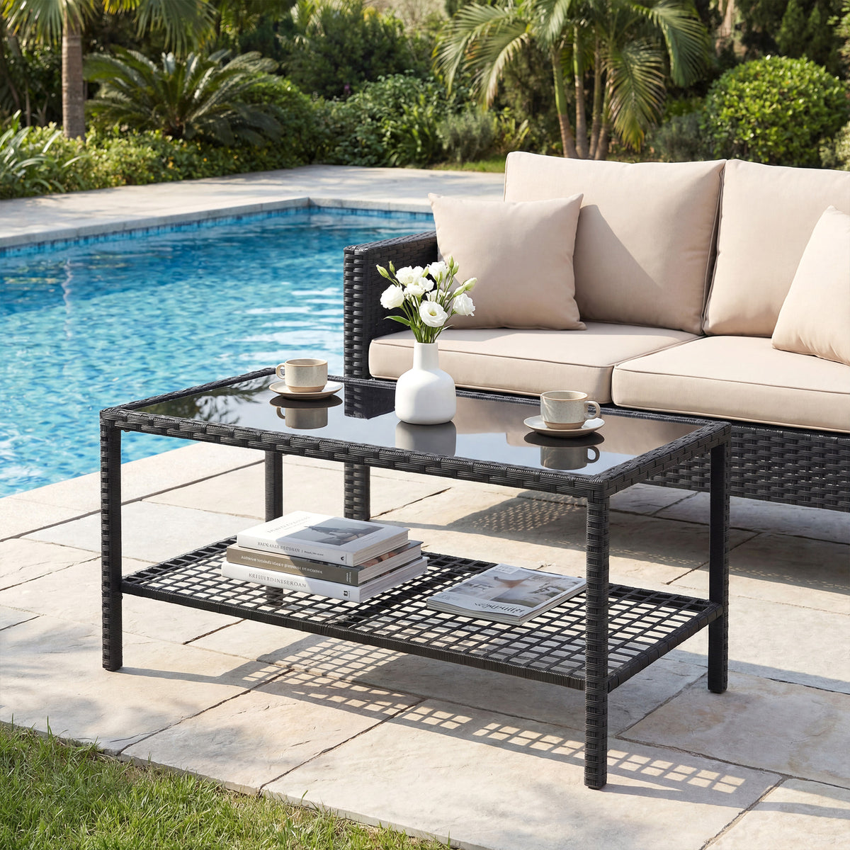 Mesa De Jardín Outsunny Ratán Pe, Acero Negro 92x50x45 Cm_4