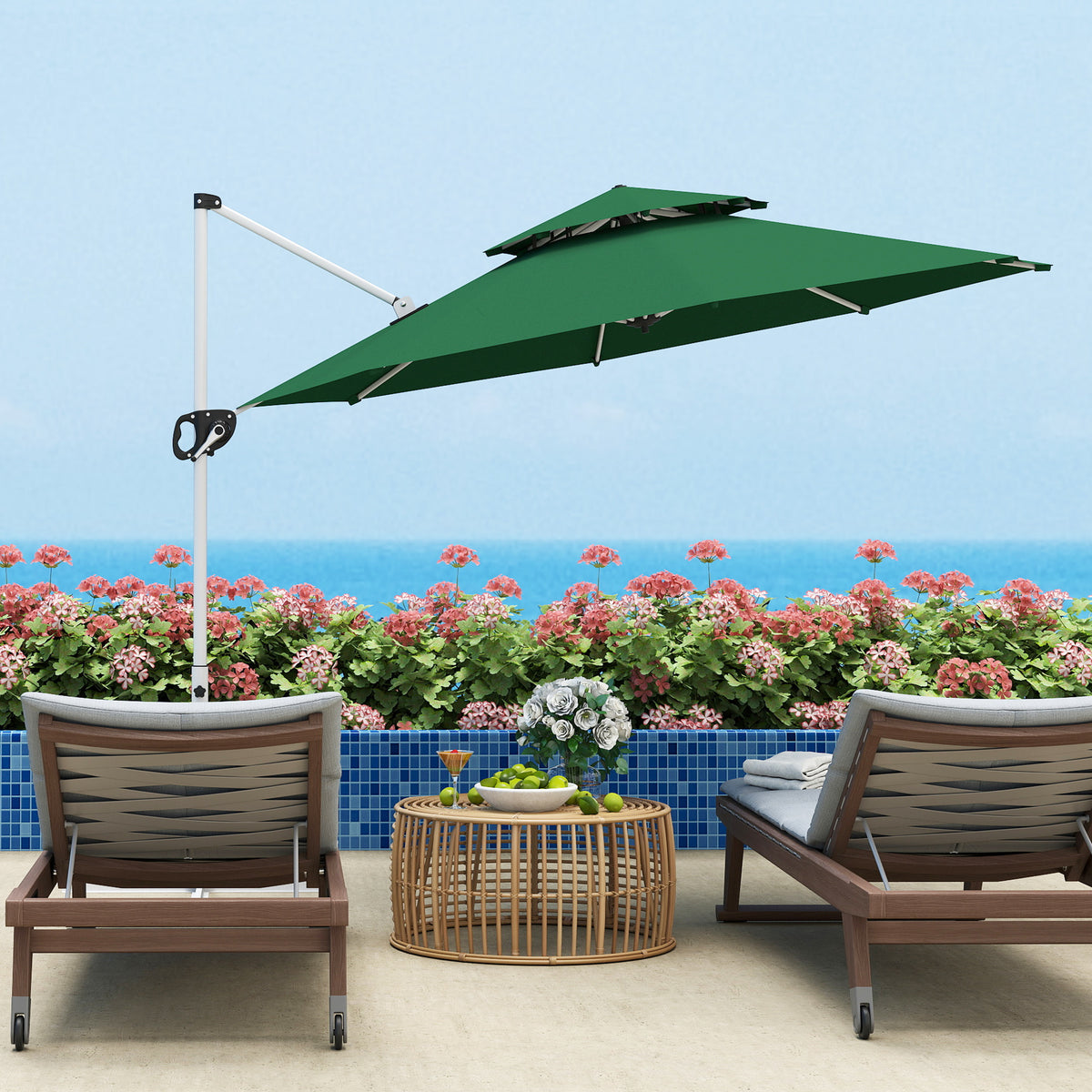Sombrilla Excéntrica Outsunny Poliéster, Metal Verde Oscuro 292x292x247 Cm_3