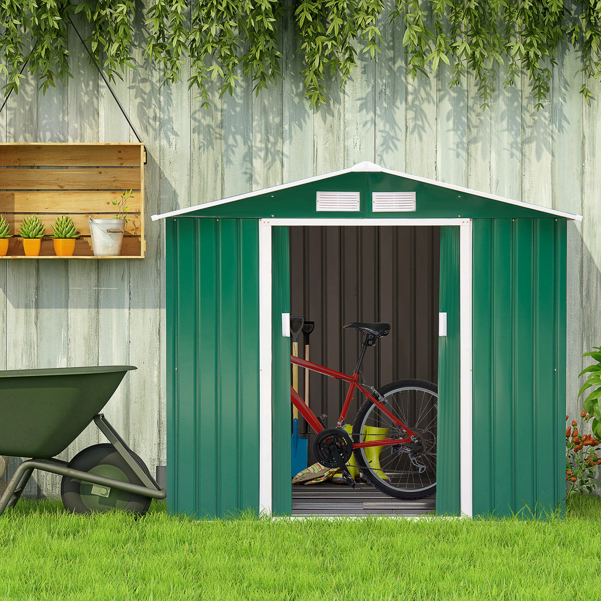 Caseta De Jardín Con 2 Puertas Correderas Outsunny Verde 213x130x185cm_1