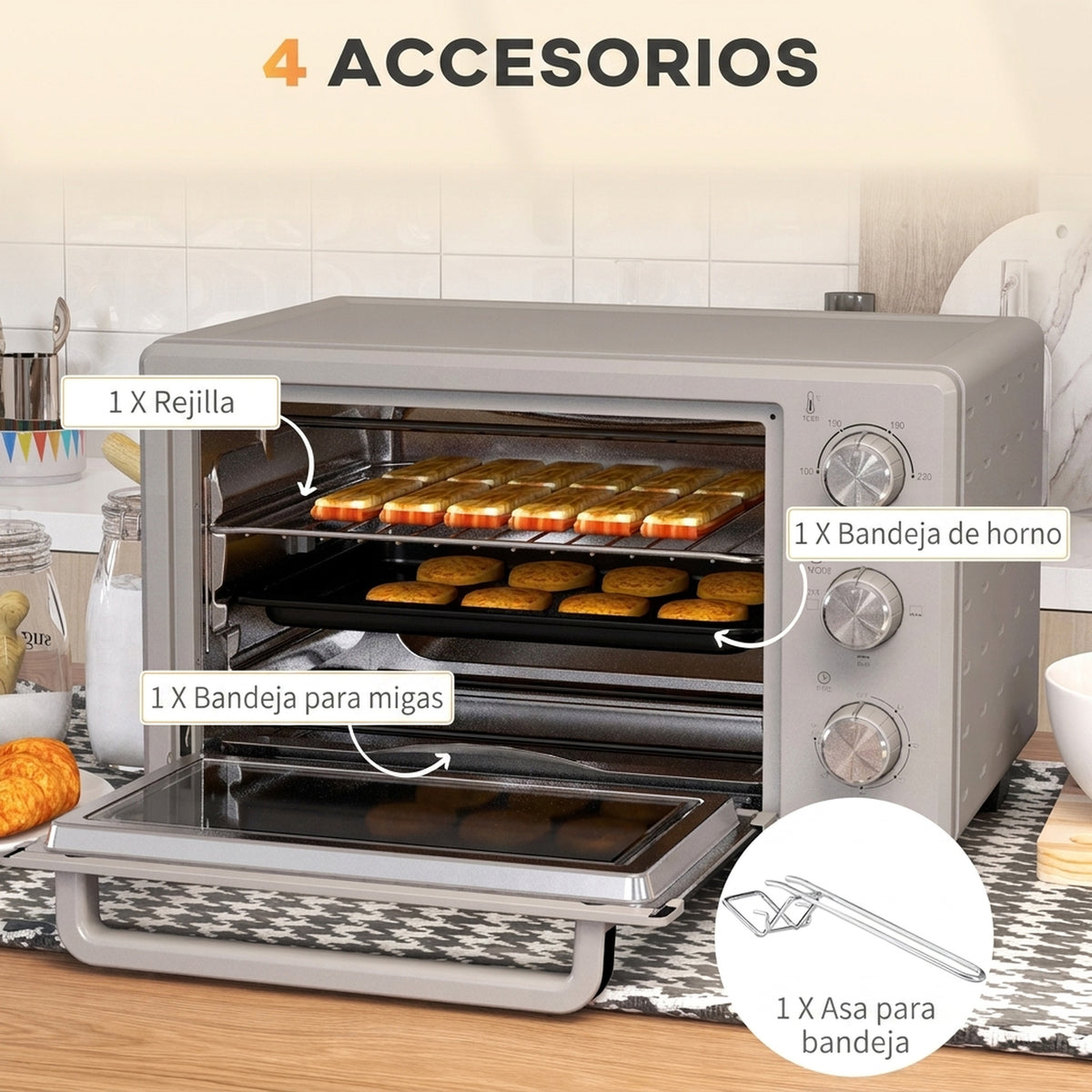 Homcom Horno Eléctrico De Sobremesa De 21l 1400w Con Temporizador Plateado_5