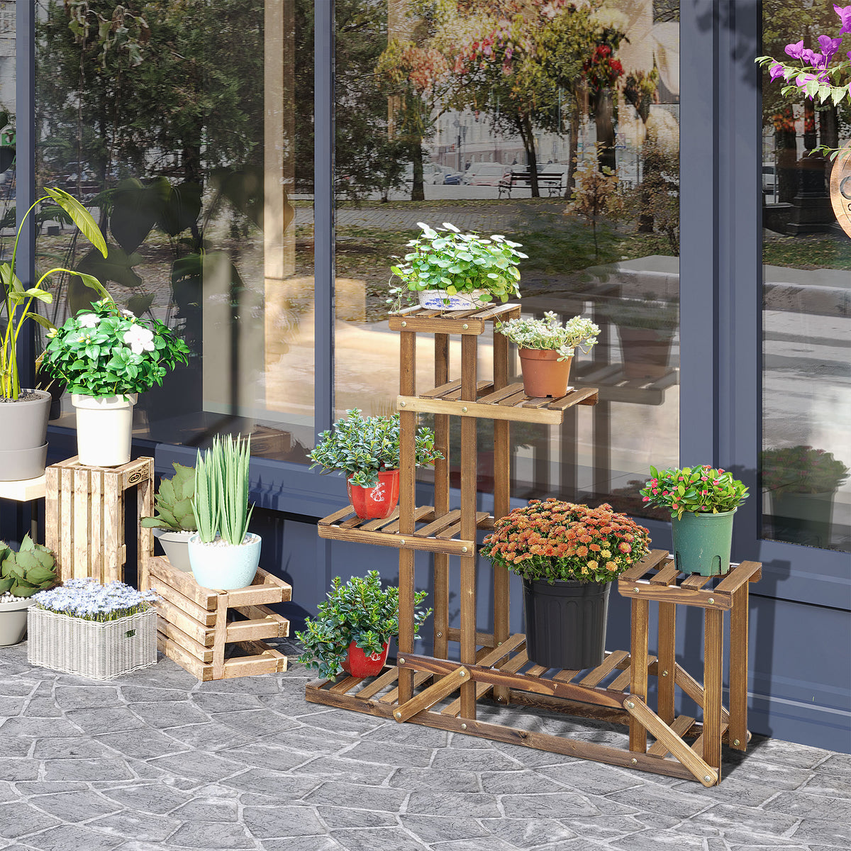 Soporte Flores Madera Outsunny Madera De Abeto Carbonizado 95x28x96.5 Cm_1