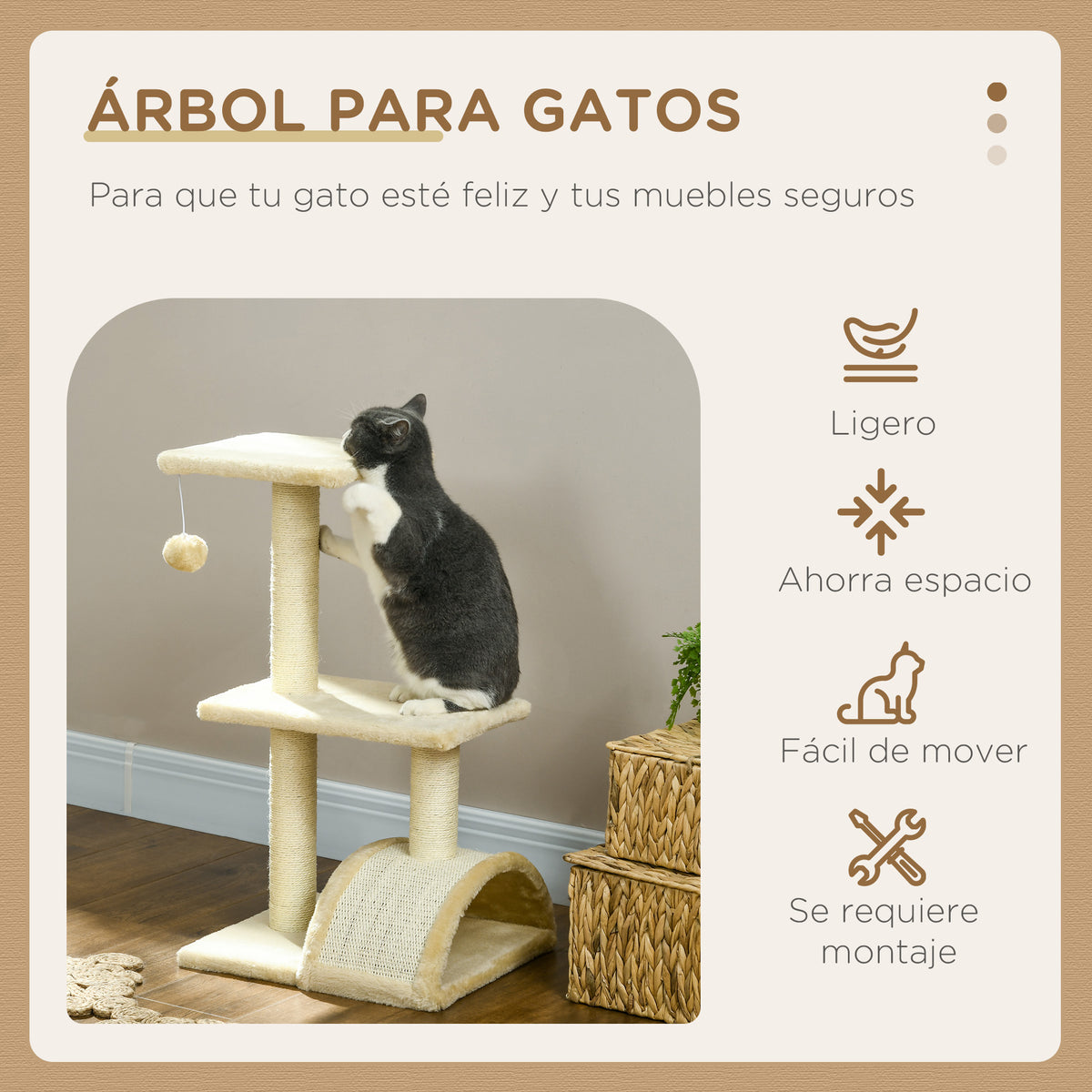 Pawhut Árbol Rascador Para Gatos Mediano De 3 Niveles Con Postes De Sisal Crema_3