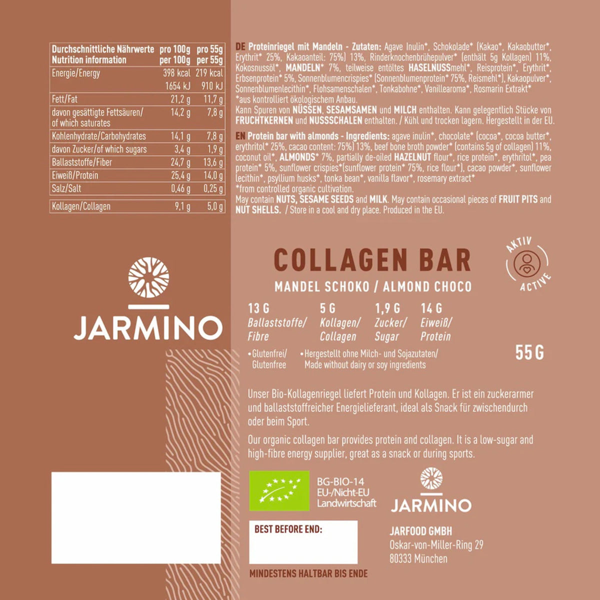 Barrita de Colágeno y Proteica BIO Almendra y Cacao Jarmino