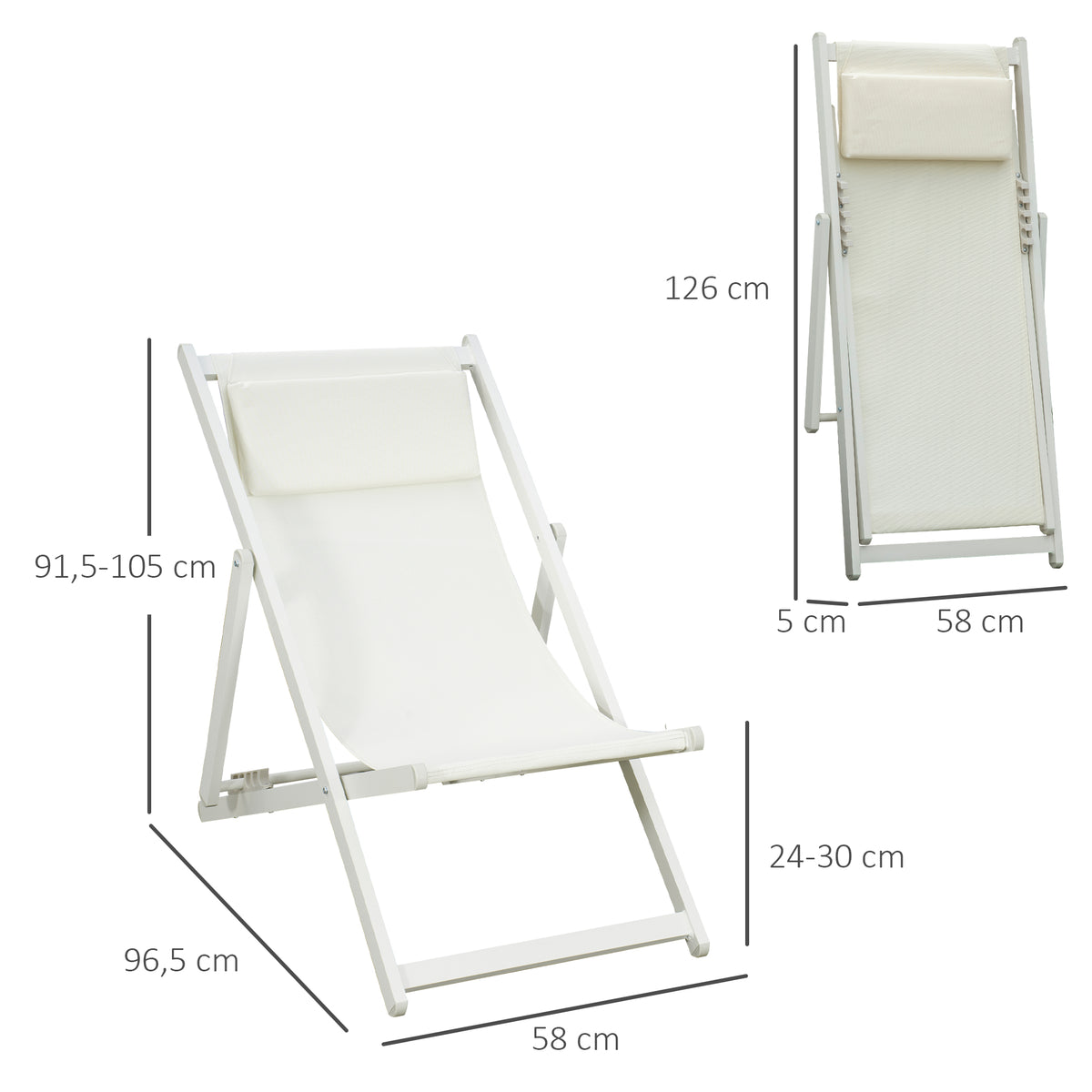 2 Tumbonas Plegables Outsunny Aluminio, Texteline Blanco 58x96,5x91,5 Cm_2
