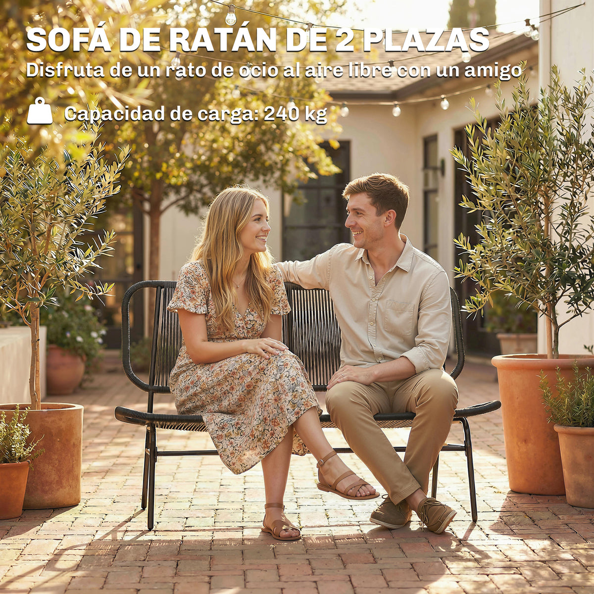 Banco De Ratán Outsunny Ratán Pe, Acero Negro 117x67x80 Cm_5