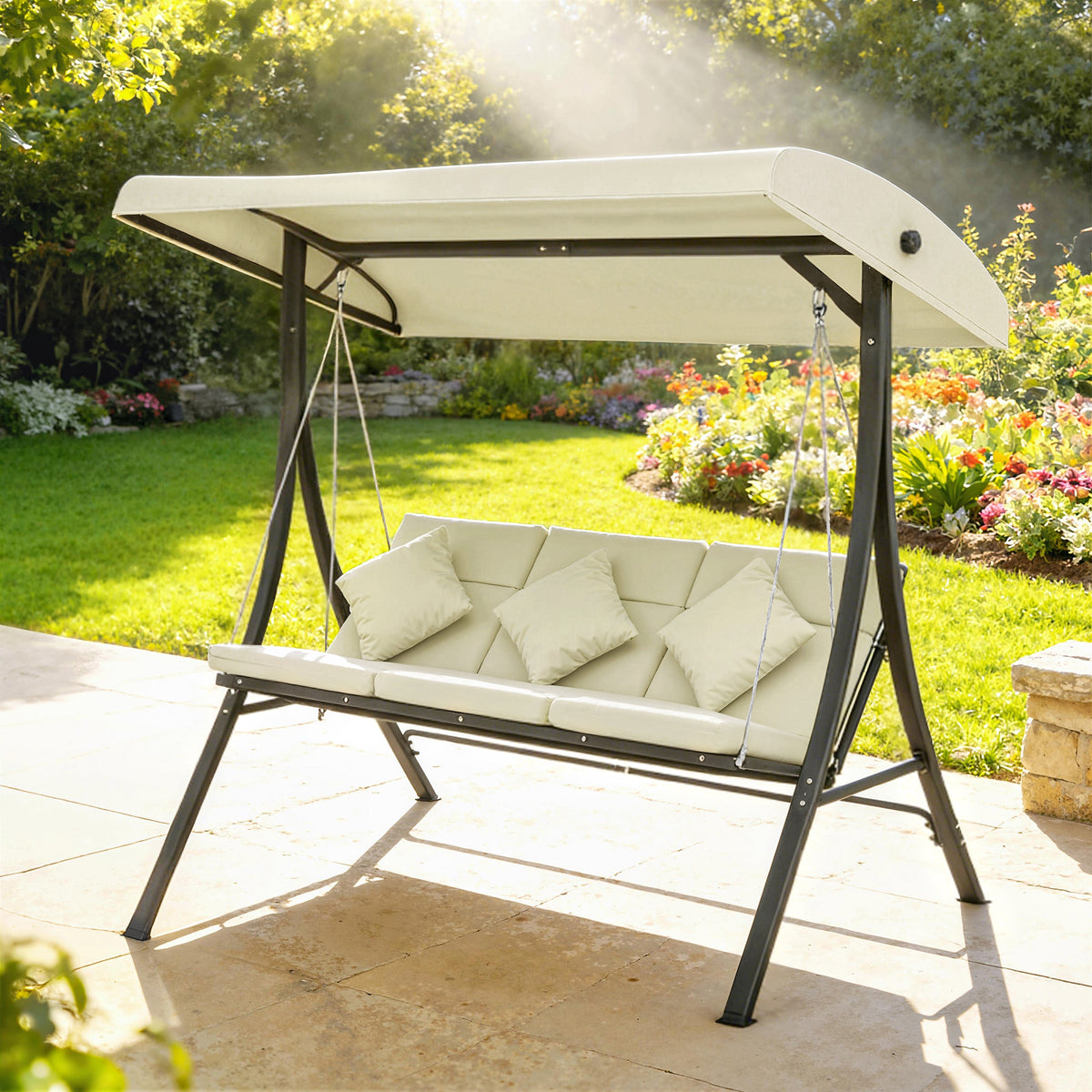 Columpio De Jardín Outsunny Acero, Poliéster Beige 202x115x168 Cm_3