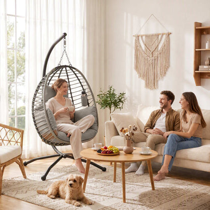 Outsunny Silla Colgante Huevo Con Soporte Cesta Plegable Cojín Gris Y Negro_4