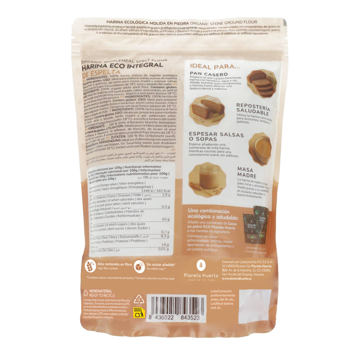 Harina Integral de Espelta Eco Planeta Huerto 800 g