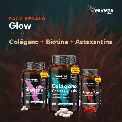 Pack Glow Para Regalo: Astaxantina, Biotina Y Colágeno Marino Puro. Sevens Nutrition. Antioxidante, Pelo, Uñas Y Piel_1