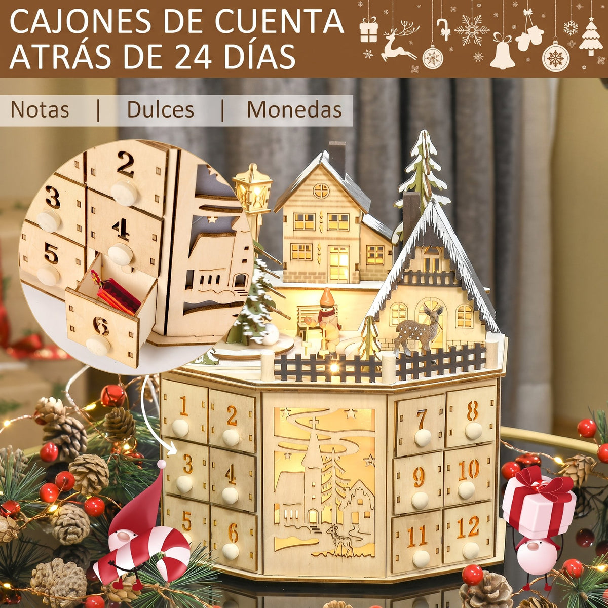 Calendario Adviento Navidad Homcom Madera Contrachapado Madera Natural 25x20x29 Cm_4