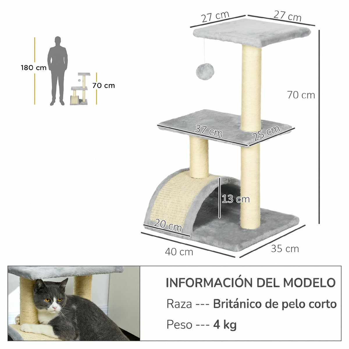 Pawhut Árbol Rascador Para Gatos Mediano De 3 Niveles 40x35x72 Cm Gris Claro_2