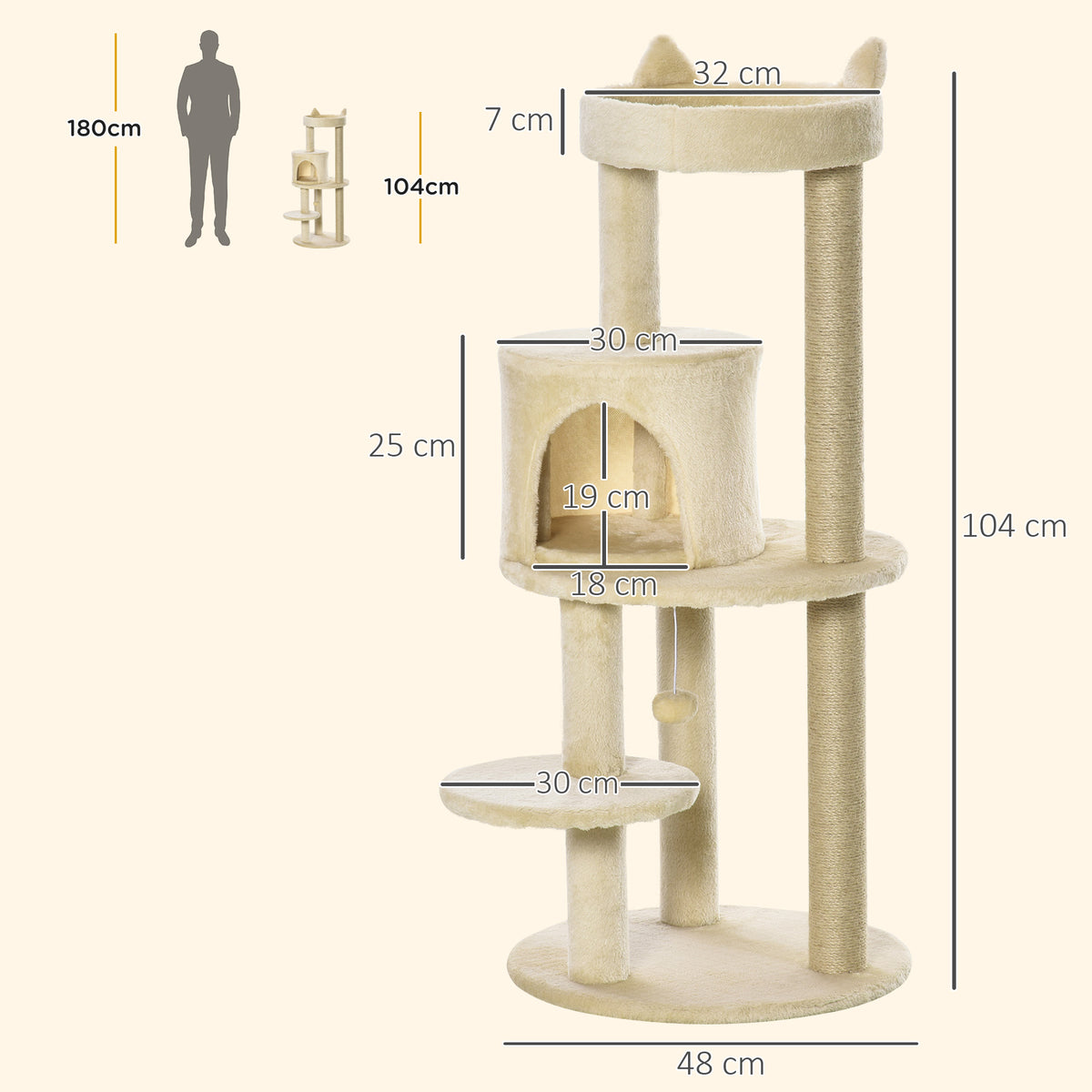 Pawhut Árbol Rascador Para Gatos 104 Cm Con Plataformas Refugio Postes De Sisal_2