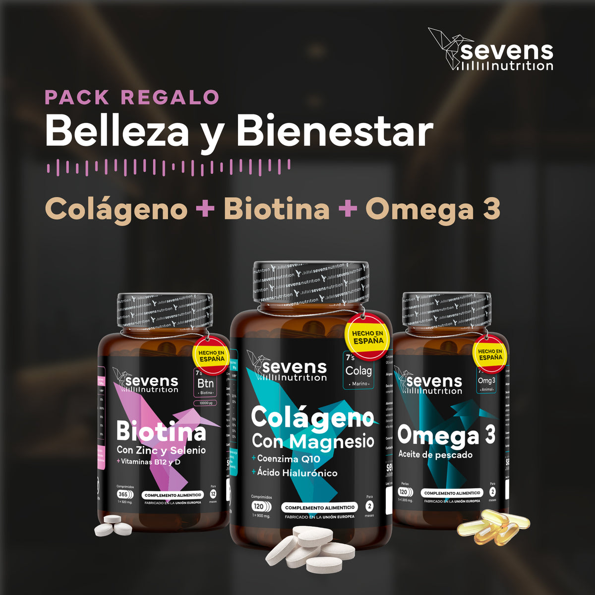 Pack Belleza: Incluye Biotina, Colágeno y Omega 3. Sevens Nutrition. Cabello, Piel Y Uñas_1