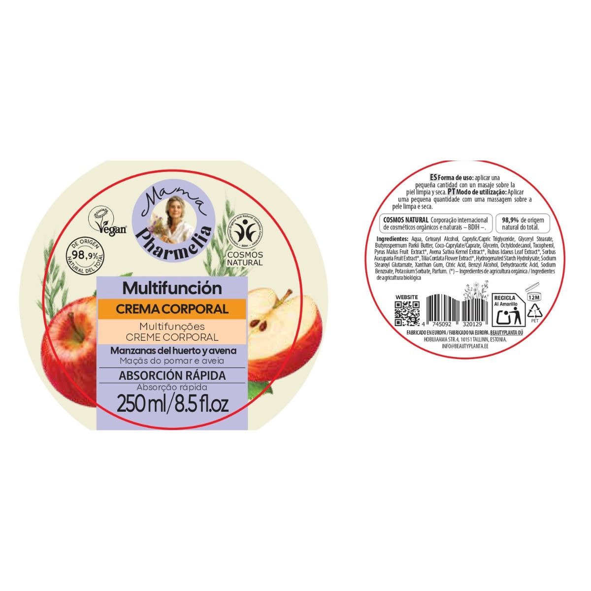 Crema Corporal Multifunción con Manzanas del Huerto y Avena, Mama Pharmelia, 250 ml