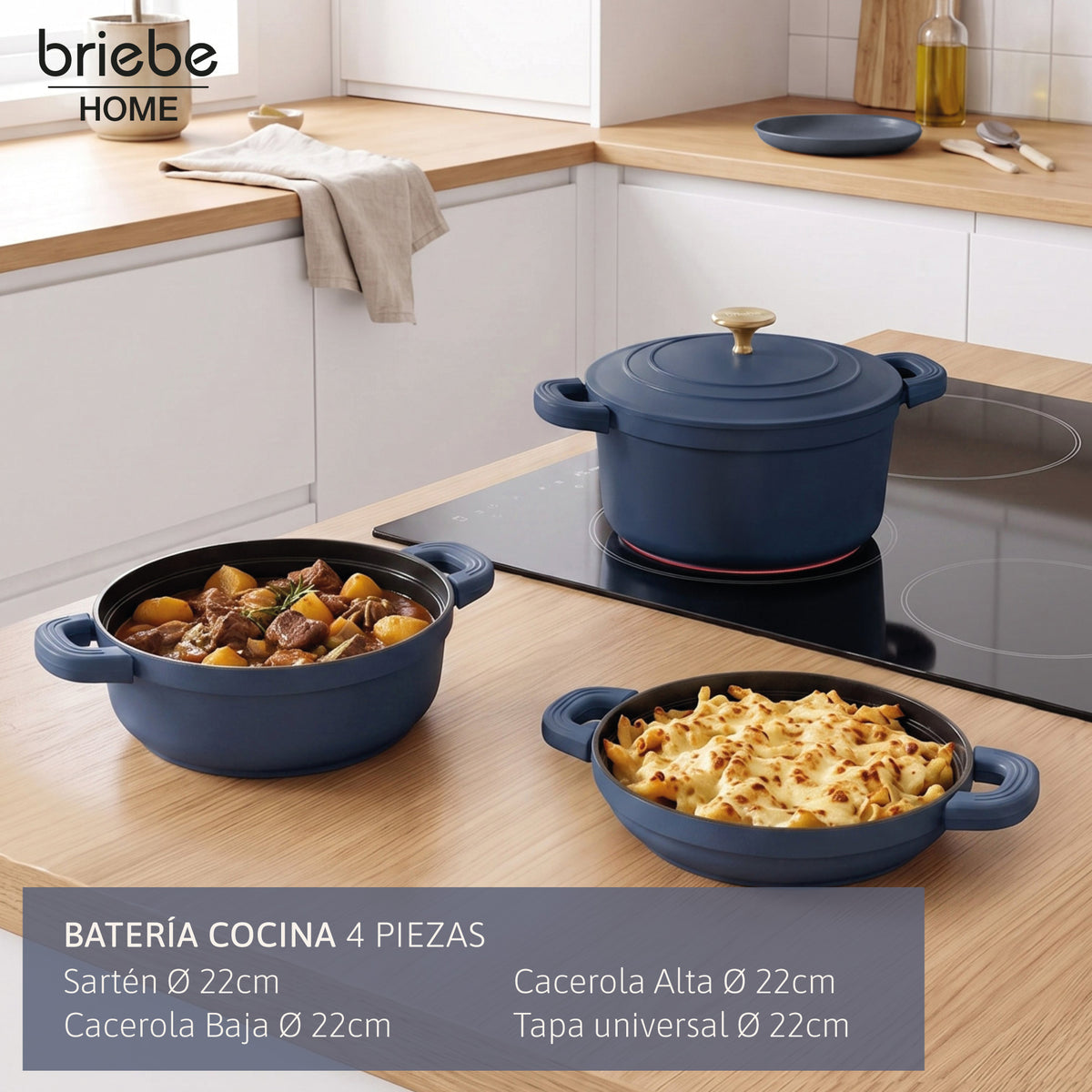 Briebe Totem Batería Cocina Inducción Apilable 4 Piezas Ø 22cm Sartén + 2 Cacerolas + Tapa, Antiadherente Cerámico Sin_2