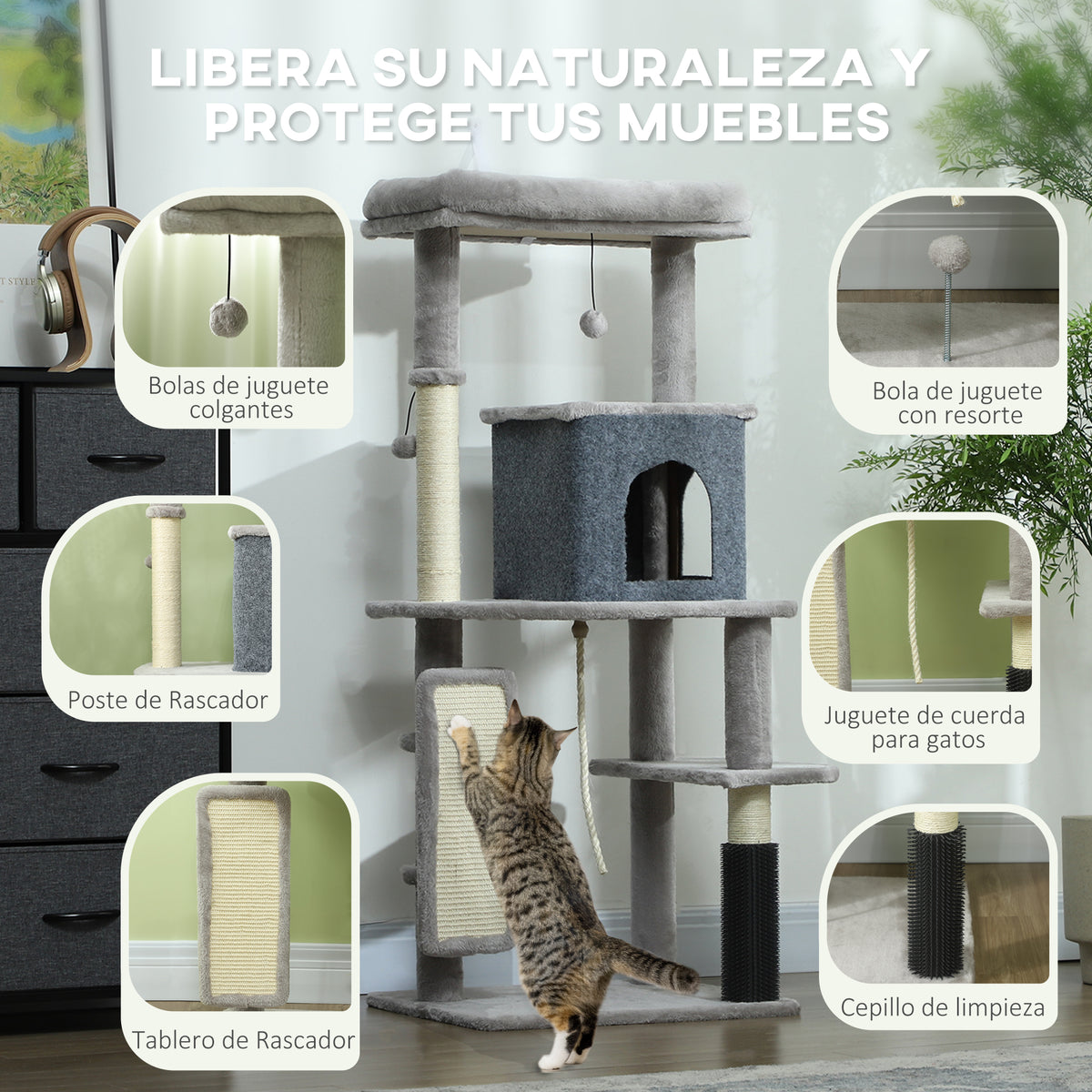 Pawhut Árbol Rascador Para Gatos Grande Altura 132 Cm Gris Claro_4