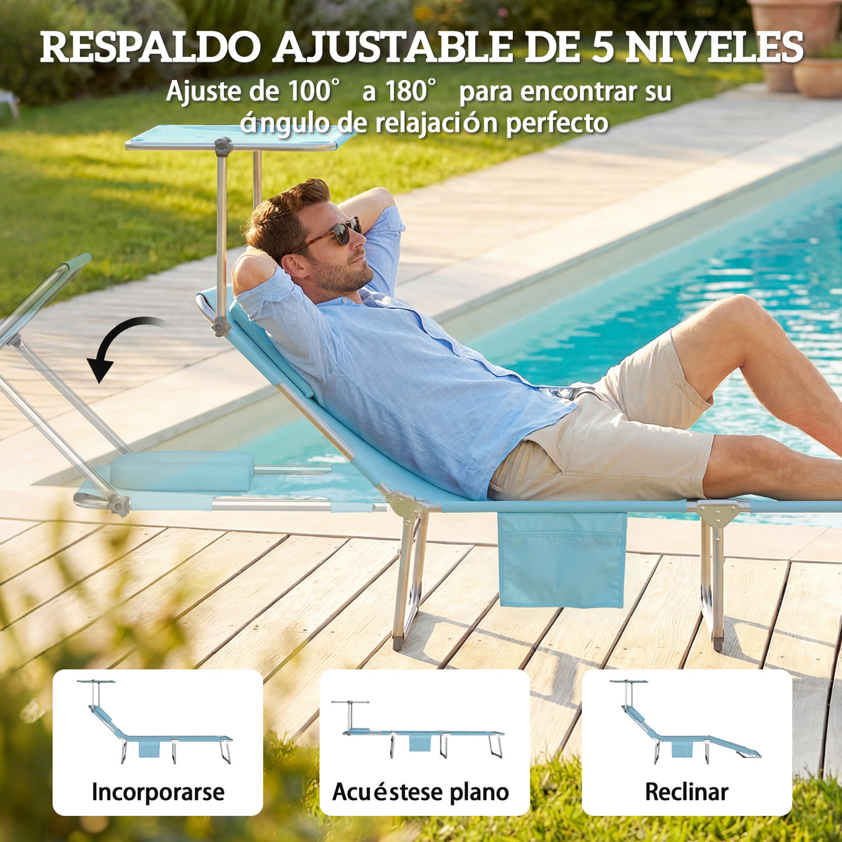 Tumbonas Plegables Outsunny Acero Galvanizado, Textilene Azul Claro 188x56x27 Cm_5
