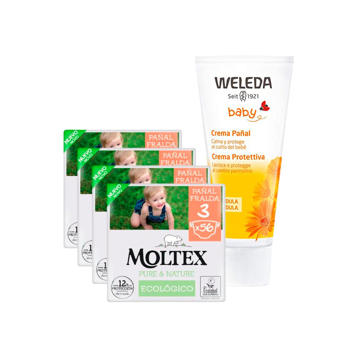 PACK ESPECIAL Crema de Pañal de Caléndula Weleda 75ml + Pack ahorro Pañales Moltex Pure & Nature   T3 (4-10 kg) 224 Uds