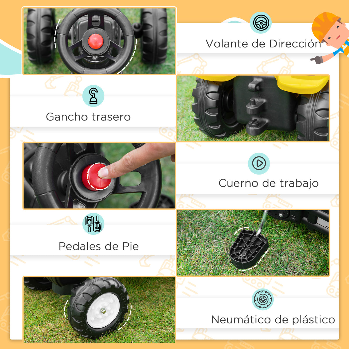 Tractor A Pedales Homcom Metal, Pp Amarillo 107x42x71 Cm_5