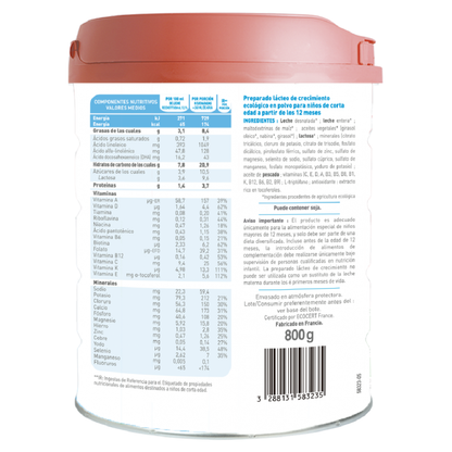 Leche de fórmula crecimiento ecológica Primea 3 (bebés de 12 meses a 3 años) Babybio 800g