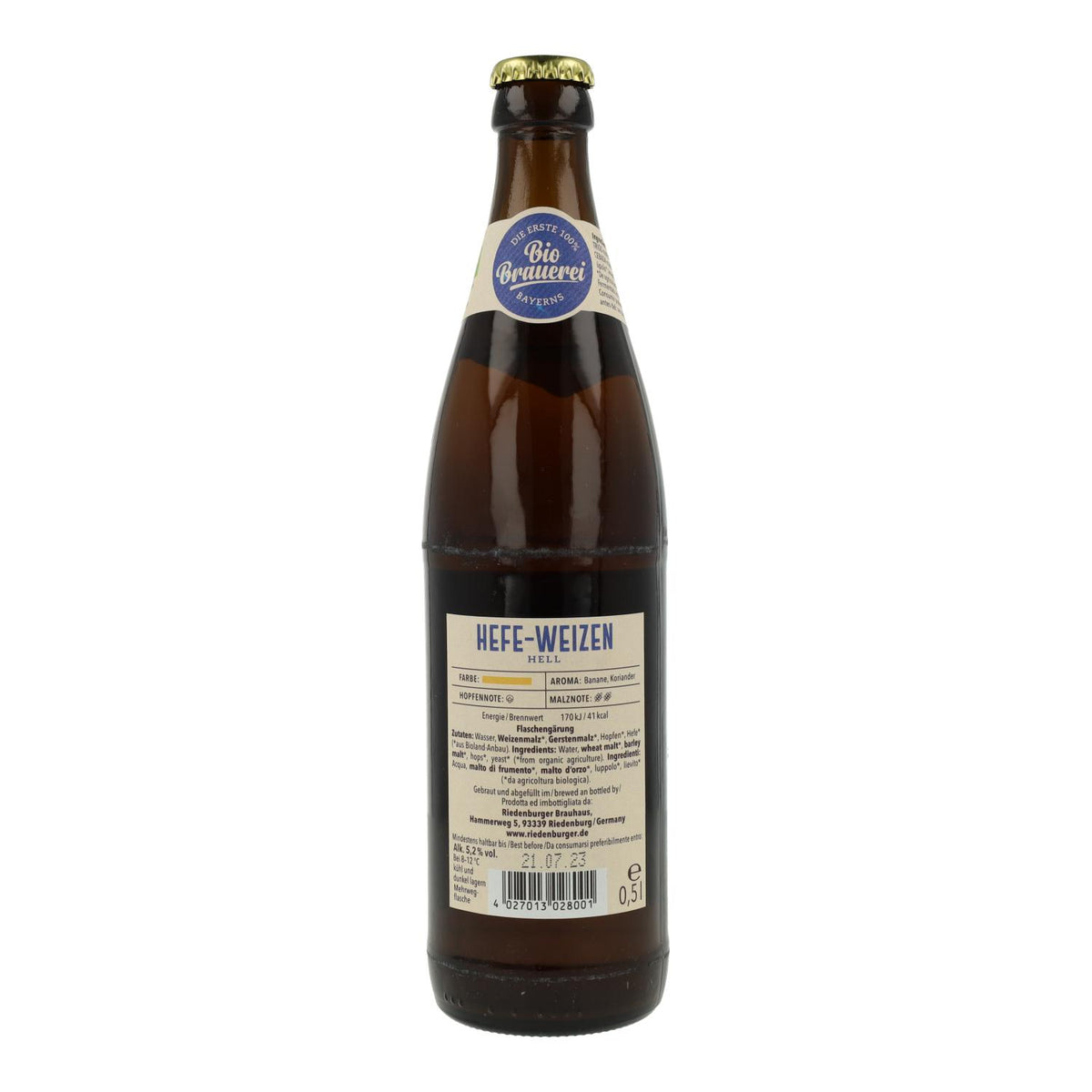 Cerveza Ecológica Weiss de Trigo Riedenburger 50cl