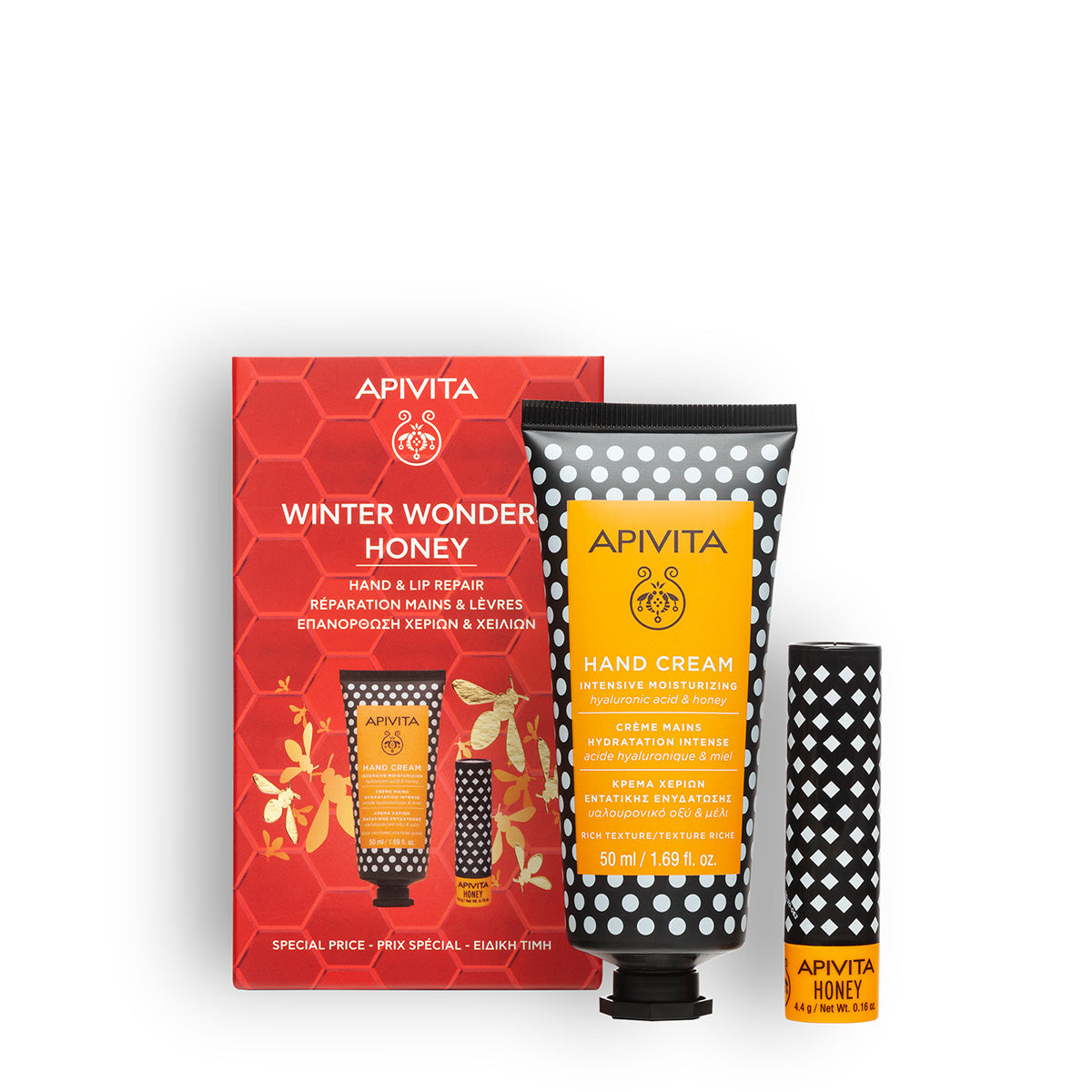Cofre Crema de manos con miel + Cuidado labial, Apivita, 4,4 gr