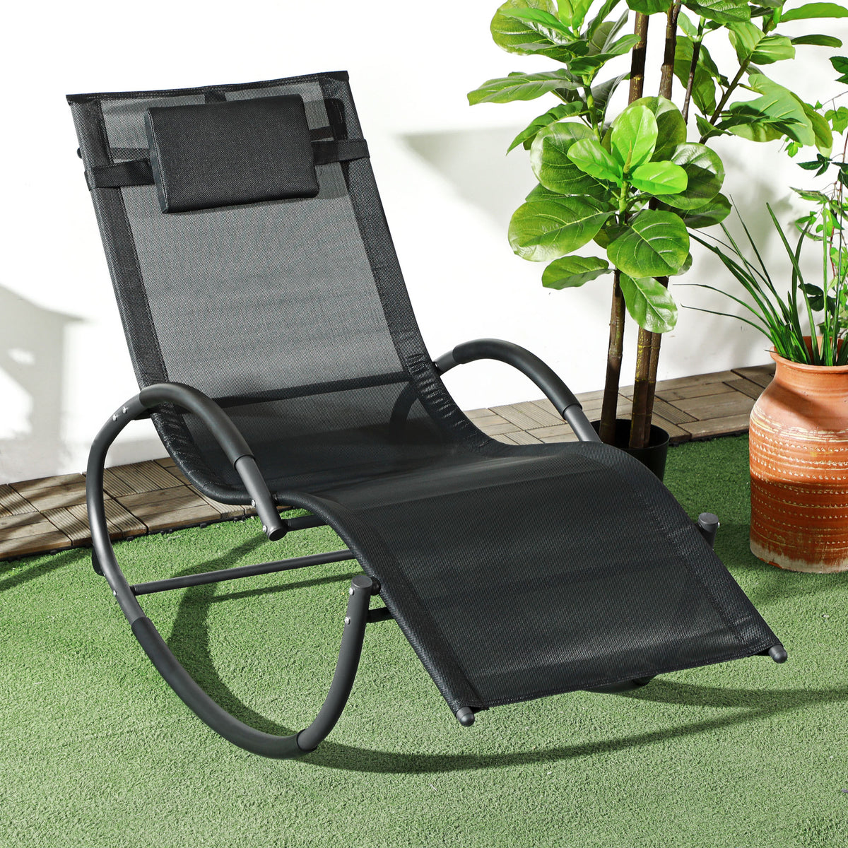 Mecedora De Exterior Outsunny Metal, Textilene Negro 155x61x88 Cm_1