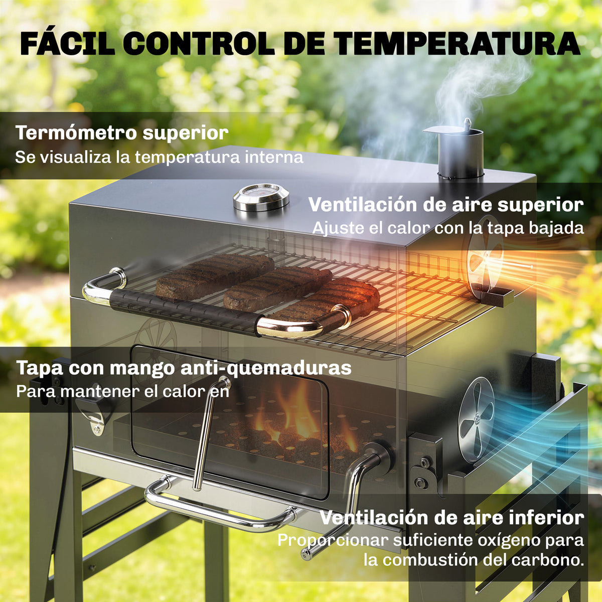 Barbacoa De Carbón Outsunny Metal, Acero Inoxidable Negro 133.5x65x110 Cm_5