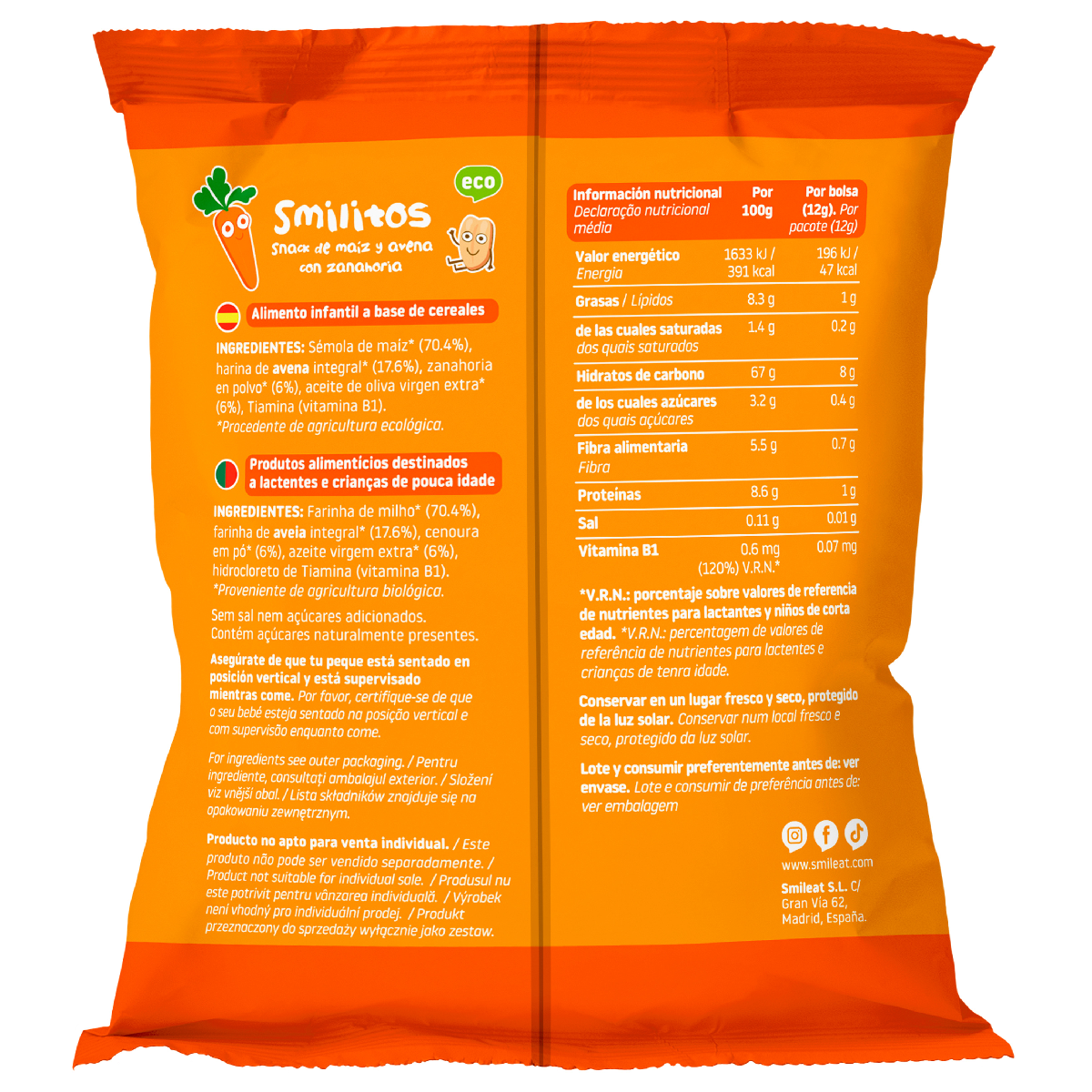 Smilito Maíz, Avena y Zanahoria Multipack ECO Smileat 4 bolsitas de 12g.