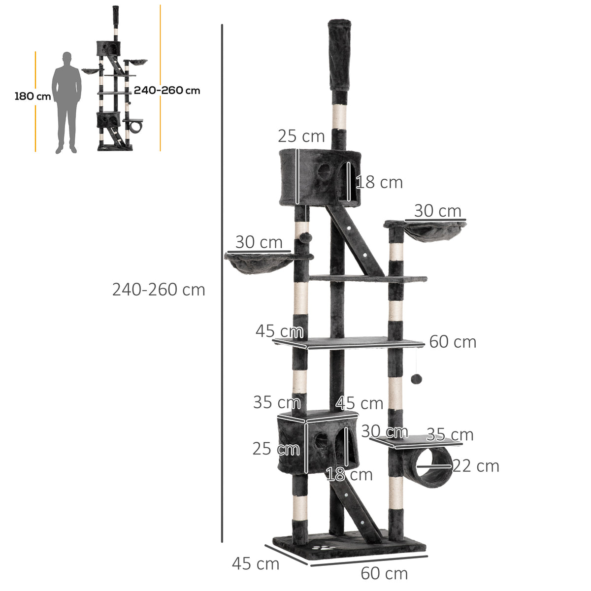 Pawhut Árbol Rascador Para Gatos 60x45x240-260 Cm Altura Ajustable Plataformas_2