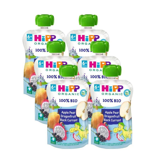 Pack 6 uds Pouches Dragón (Manzana, Pera, Fruta Dragón y Grosella) Bio HiPP