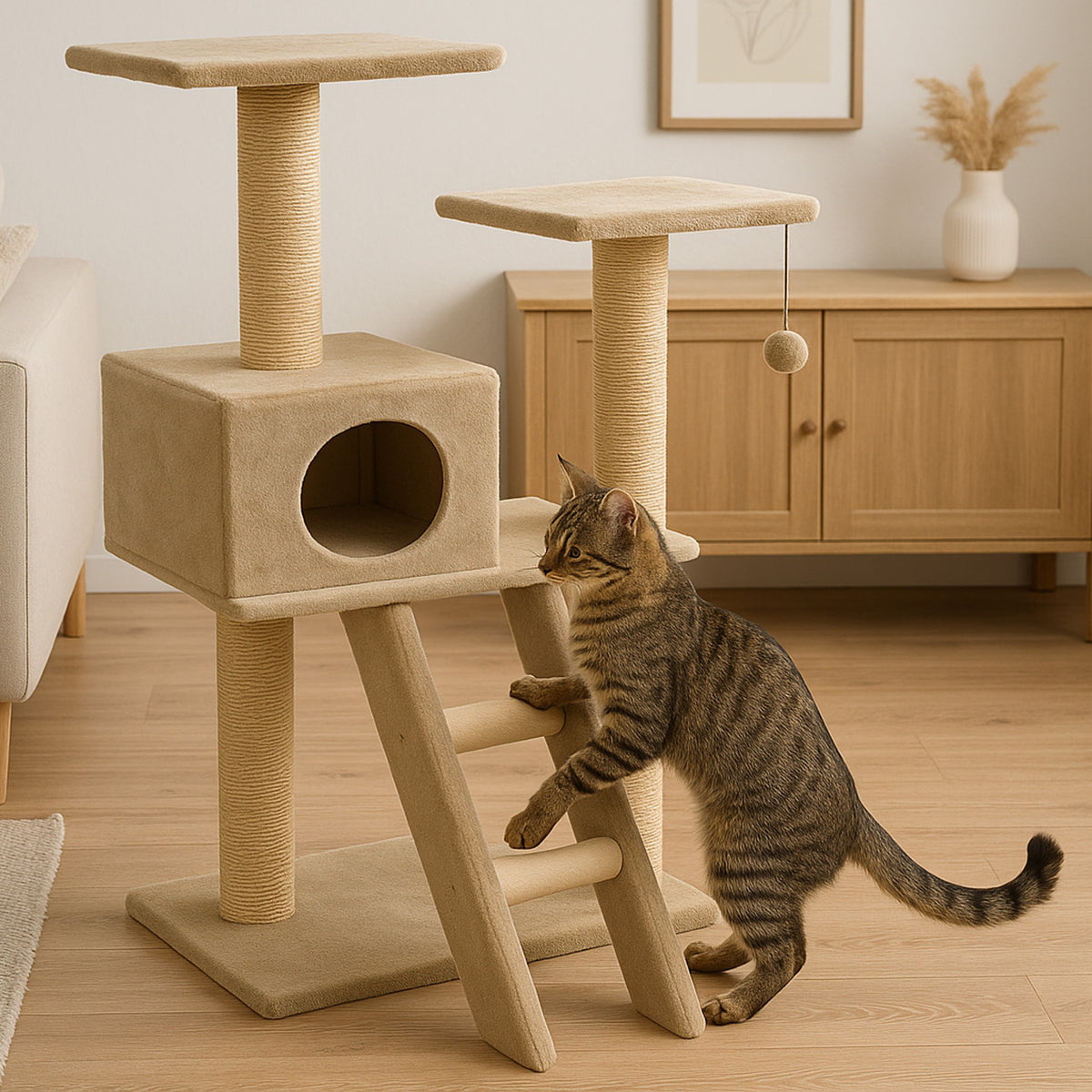 Torre Rascador Para Gatos En 4 Niveles Beige Con Escalera 49x41x113cm Wuapu Modelo Cadi_0