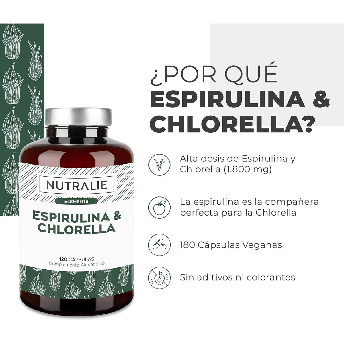 Nutralie Espirulina & Chlorella 1800mg energía y fuerza 180 cápsulas