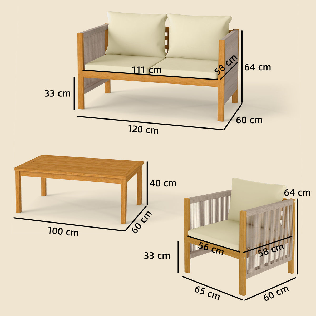 Conjunto De Jardín Outsunny Madera De Acacia, Cuerda De Pp Beige 120x60x64 Cm_2