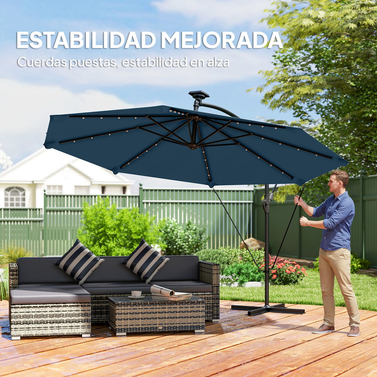 Parasol Excéntrico Outsunny Aluminio, Poliéster Azul Marino 380x345x256 Cm_5