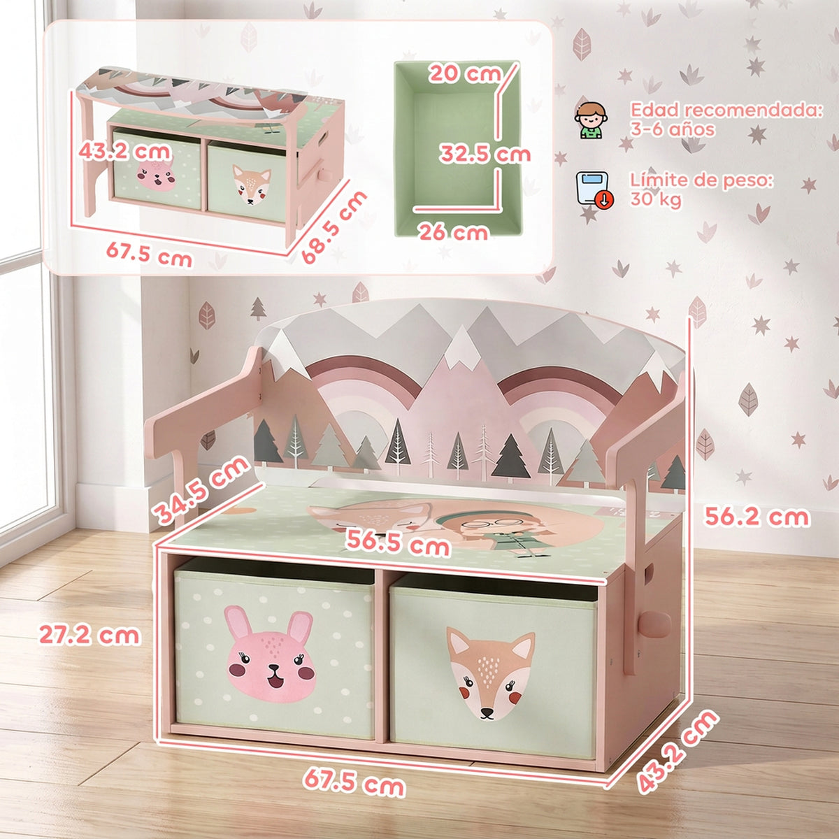 Aiyaplay Banco Infantil Convertible 3 En 1 Juego De Mesa Y Silla Rosa_2