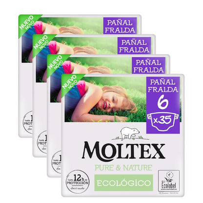 Pack ahorro Pañales Moltex Pure &amp; Nature T6 (17-28 kg), 140 Uds