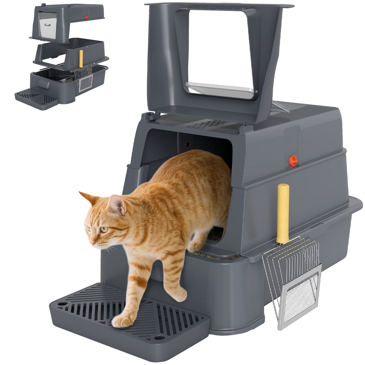 Pawhut Arenero Para Gatos De Acero Inoxidable Xl Con Tapa Abatible 180° Gris_0