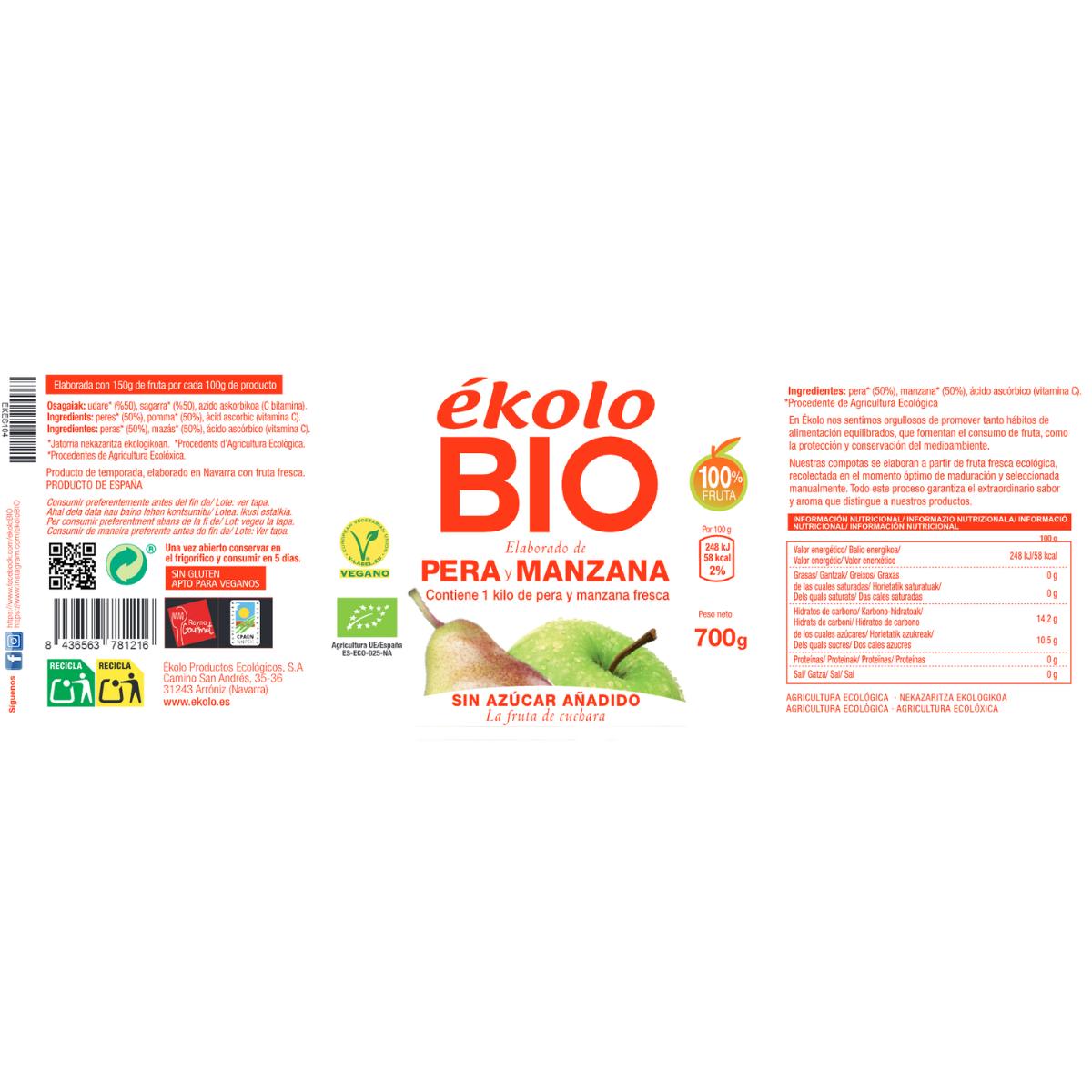 Elaborado de Pera y Manzana Ecológica sin azúcares añadidos Ékolo 700 g