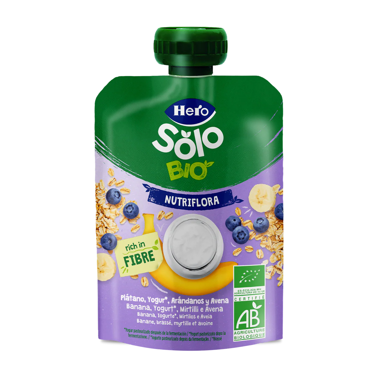 Bolsita Pouch Nutriflora Plátano, Arándanos, Yogur y Avena 100 g Hero Solo